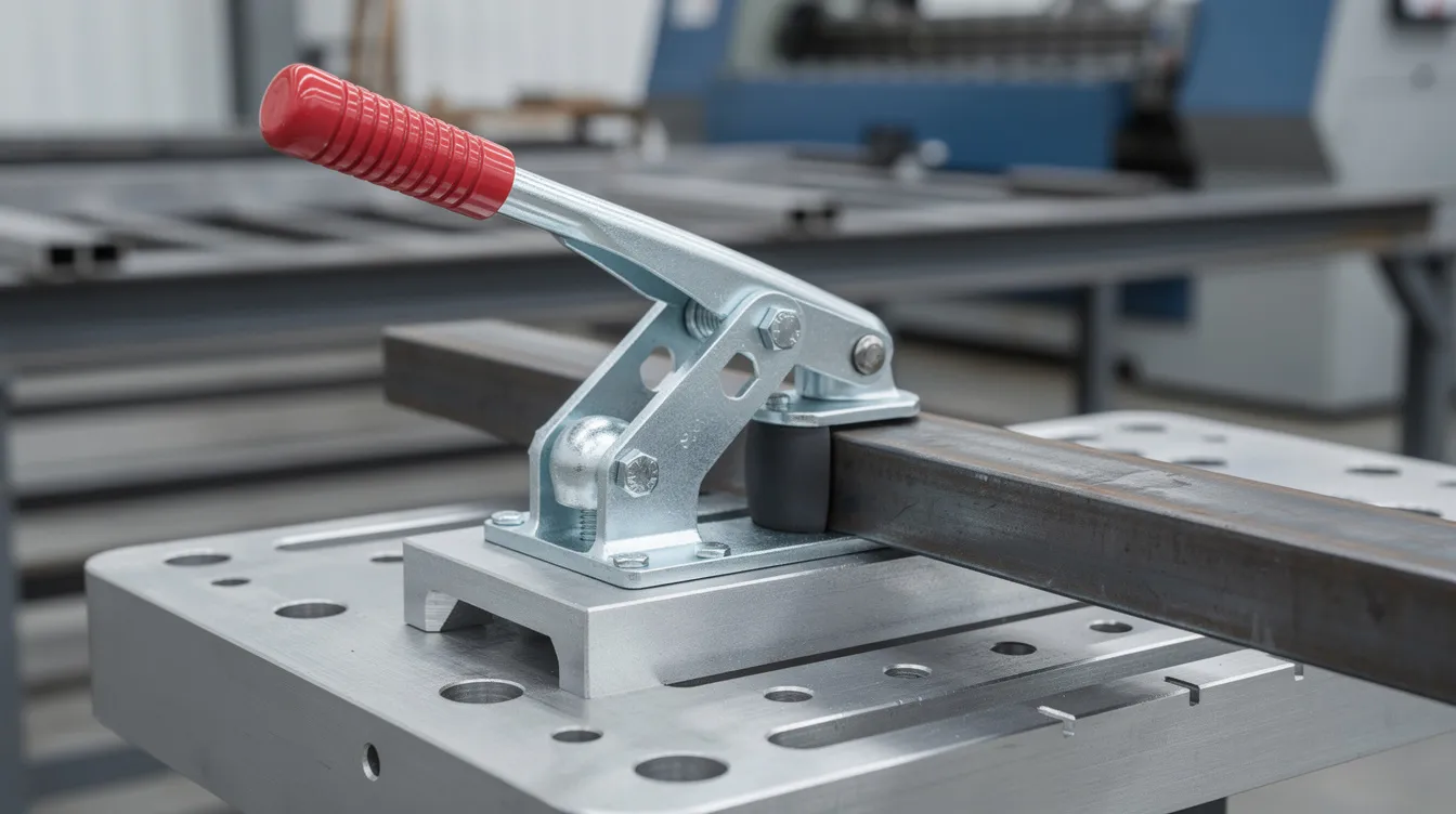 The image shows an industrial toggle clamp securely mounted on a steel welding fixture within a factory setting. This mechanical device exemplifies the principles of simple machines, providing a large mechanical advantage to exert force on heavy objects with less input force applied.