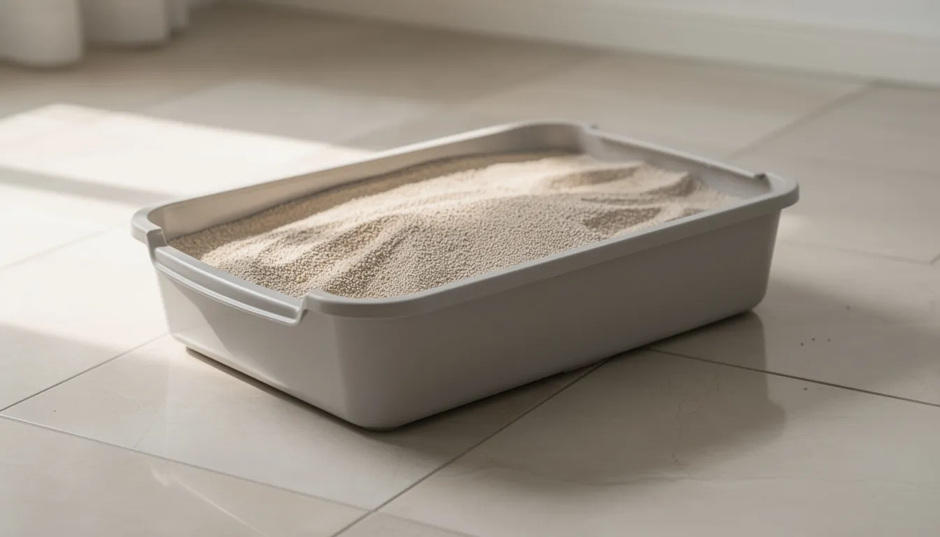 Een eenvoudige open kattenbak met verse kattenbakvulling staat op een tegelvloer, ideaal voor jouw kat om gebruik van te maken. De ruime afmetingen en lage instap maken het een comfortabele toiletoptie voor zowel grote als kleine katten.