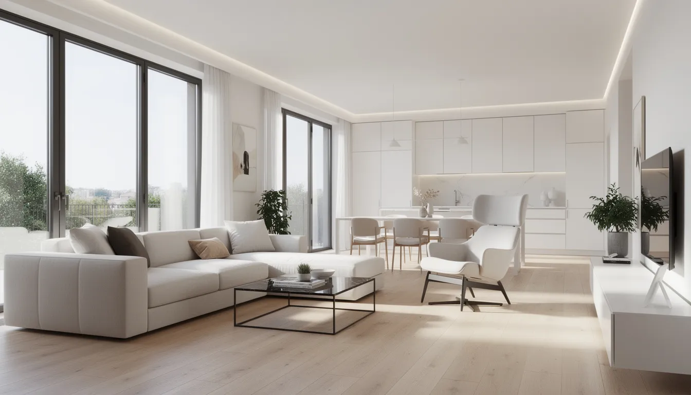 Een moderne, lichte woonkamer met een open indeling, ingericht met designmeubels en een betonnen vloer. De ruimte heeft een strakke afwerking en bevat metalen profielen die bijdragen aan de industriële uitstraling van het interieur.