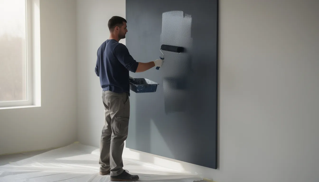 Een persoon schildert een wandpaneel in een donkere kleur met een roller, waarbij de strakke afwerking en de gladde structuur van het paneel goed zichtbaar zijn. Dit wandpaneel, dat deel uitmaakt van een diepte gefragmenteerd design, biedt eindeloze mogelijkheden voor het interieur en zorgt voor een directe sfeer in de ruimte.