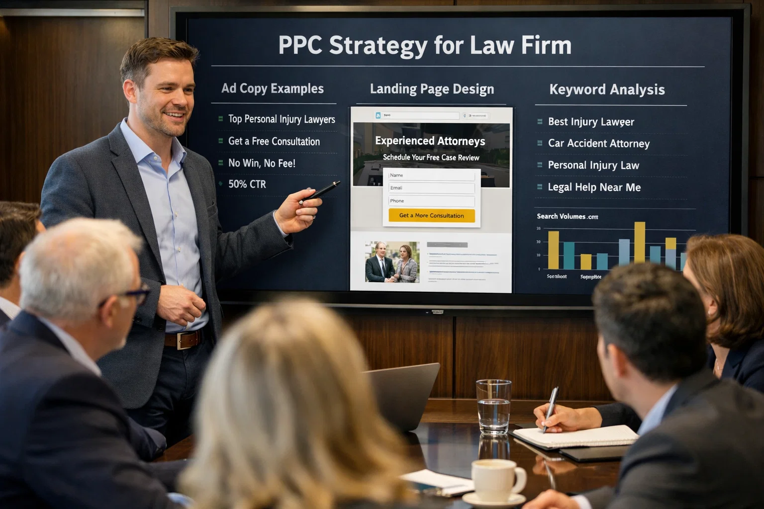 Marketing consultant showing PPC service features to law firm team
