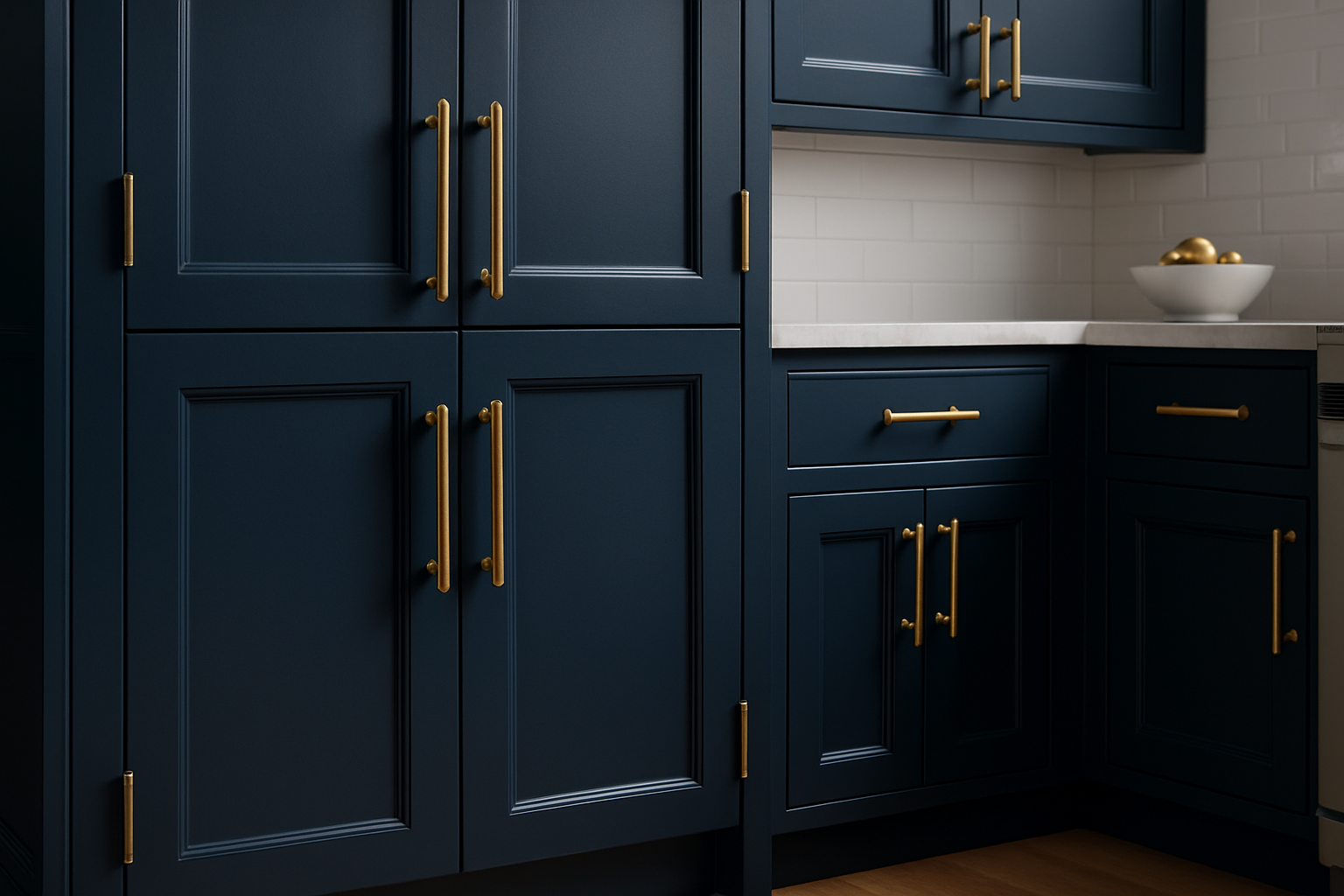 A close-up view of navy blue kitchen cabinet doors showcases various finish options and elegant brass hardware details, highlighting the richness and depth of the deep navy shade. This modern design element adds sophistication and versatility to any kitchen space.
