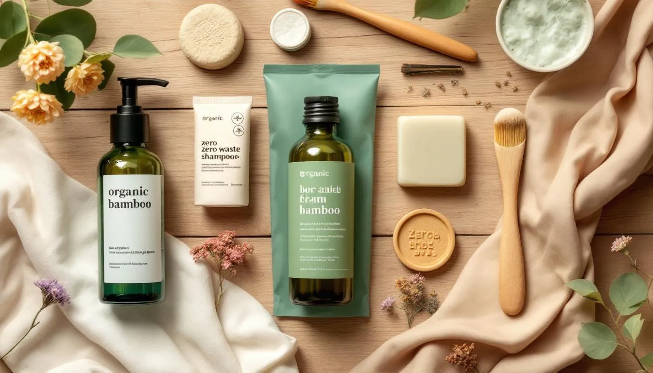 A selection of sustainable beauty products, including an organic skincare set and a zero waste shampoo bar, perfect for eco conscious consumers.