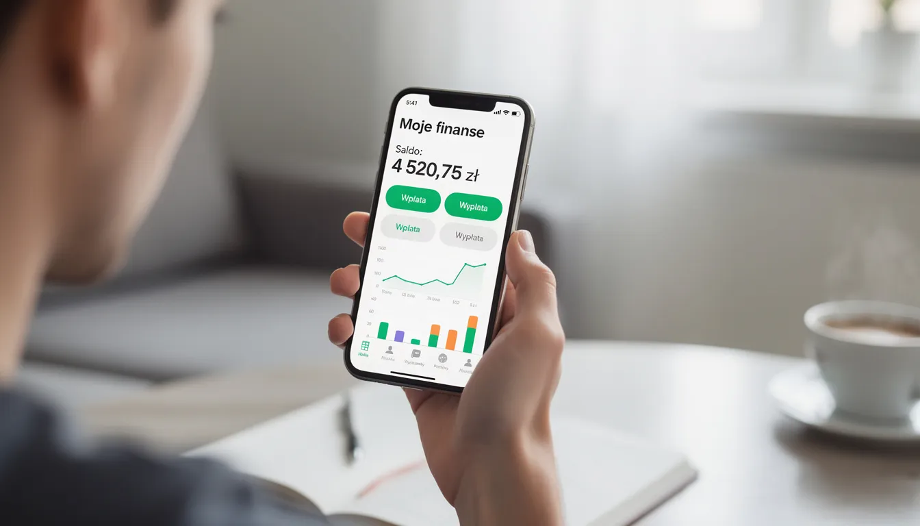 Na zdjęciu widoczna jest osoba korzystająca z aplikacji finansowej na smartfonie, co sugeruje, że może zarządzać swoimi finansami lub fakturami z odroczonym terminem płatności. Taka aplikacja jest idealnym rozwiązaniem dla małych przedsiębiorstw, które chcą bieżąco regulować swoje zobowiązania i unikać problemów z płynnością finansową.