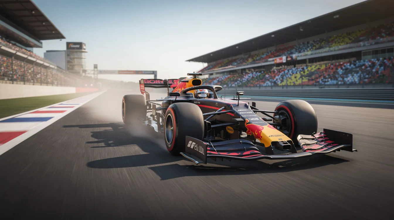 Ein Formel-1-Rennwagen, der mit hoher Geschwindigkeit über eine Rennstrecke fährt, während der Hintergrund verschwommen ist, was die Dynamik des Rennens verdeutlicht. Der Wagen könnte von einem der bekannten Fahrer wie Max Verstappen gesteuert werden, der für Red Bull Racing fährt.