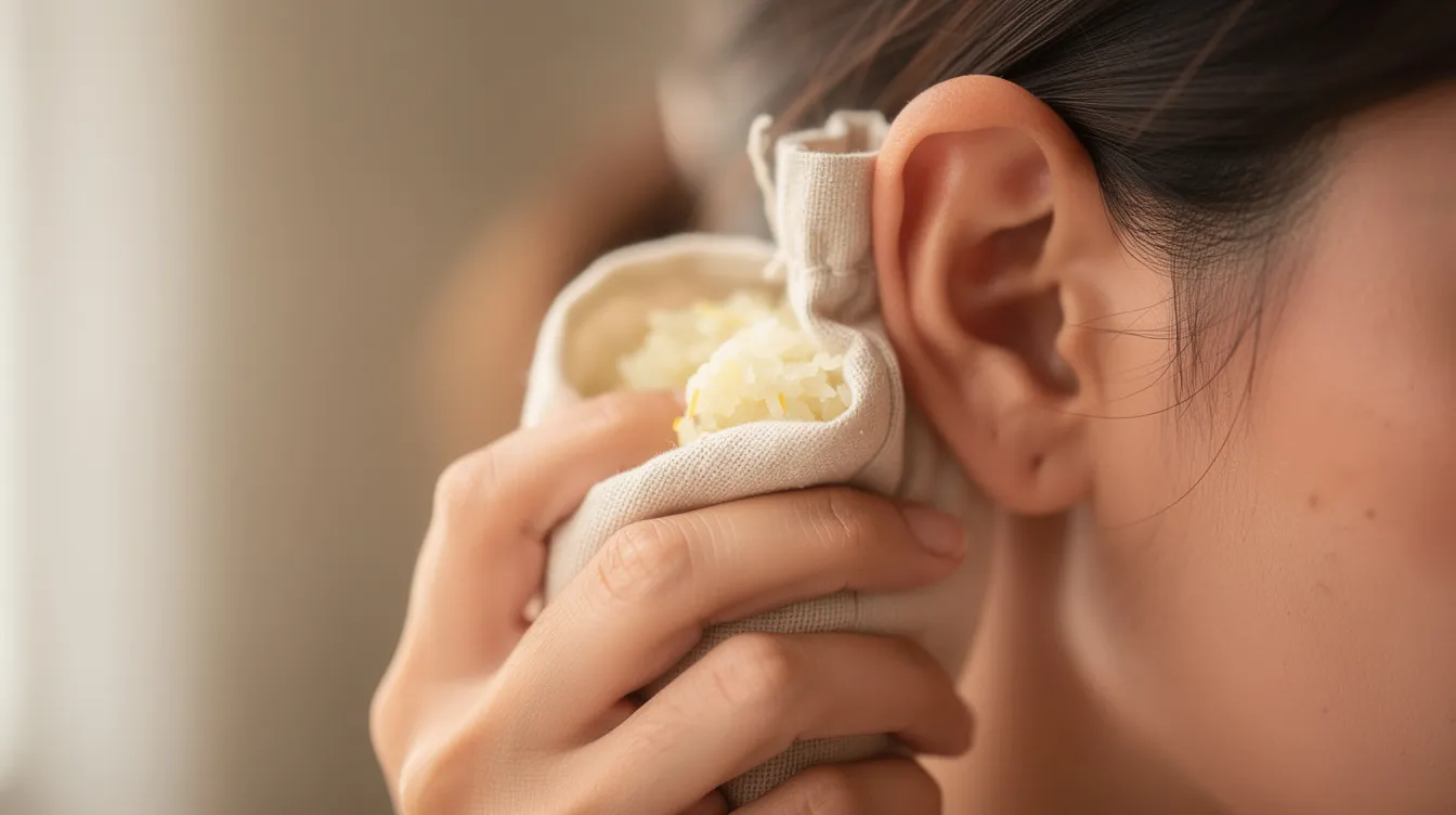Eine Person legt ein in Stoff eingewickeltes Zwiebelsäckchen seitlich an die Ohrmuschel, um Schmerzen und Beschwerden bei einer Gehörgangentzündung zu lindern. Dieses Hausmittel kann helfen, die Symptome einer Otitis externa zu mildern und die Entzündung zu behandeln.