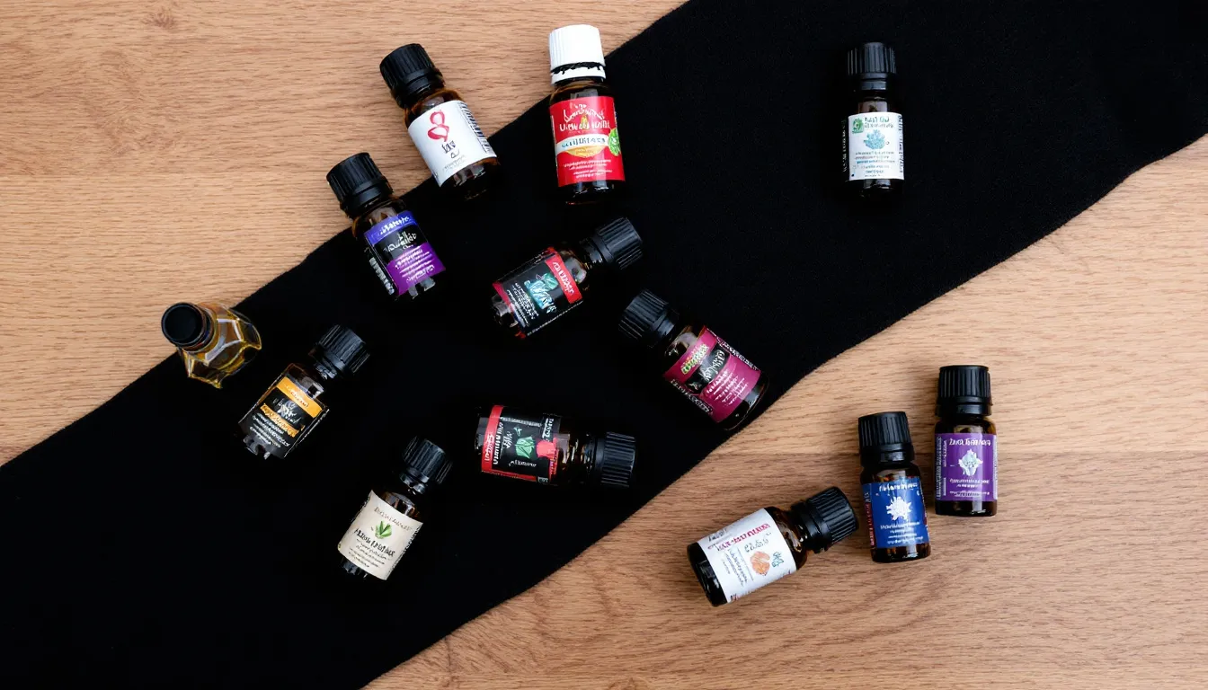A collection of essential oil bottles is elegantly arranged around a supportive ankle wrap, symbolizing natural remedies for sprained ankles and chronic ankle pain. These oils may help alleviate pain and reduce swelling in the injured area, promoting a healing process for ankle sprains.