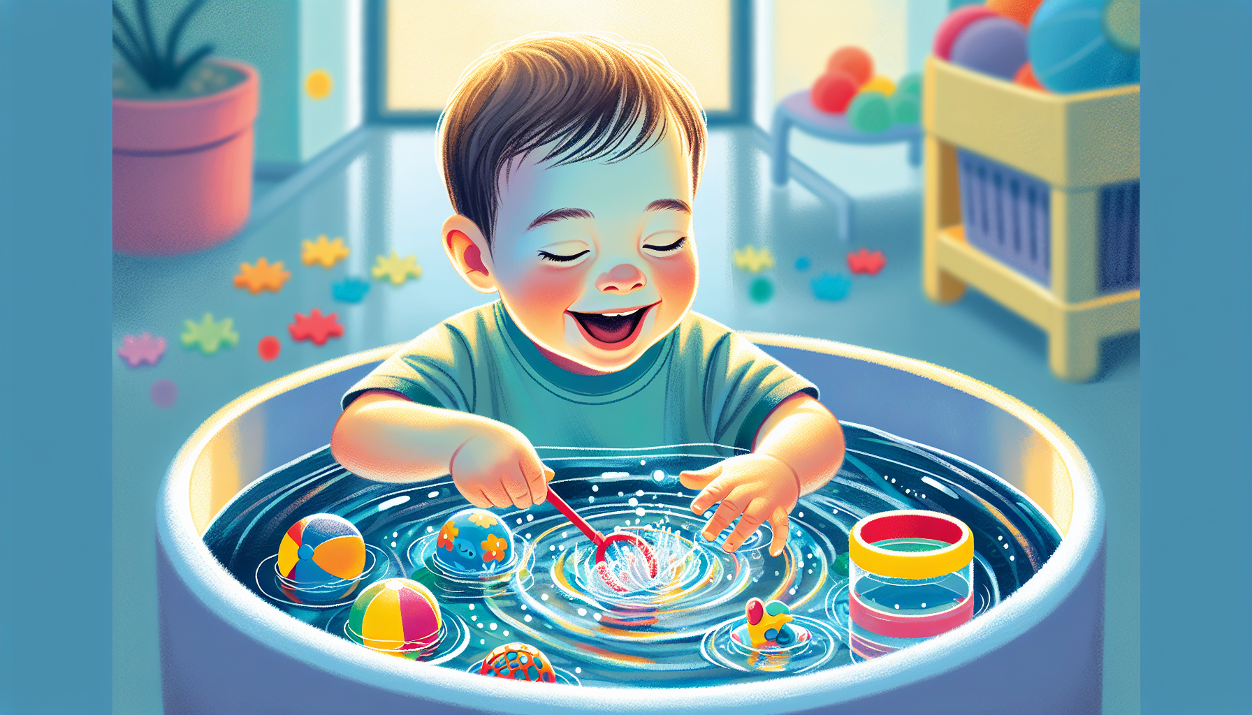 Bambino con autismo che gioca con l'acqua