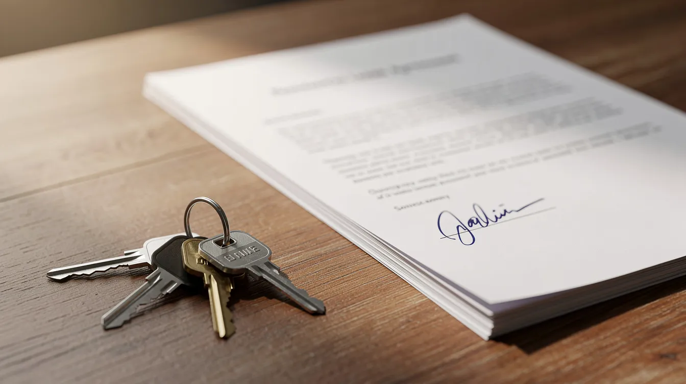 The image shows a set of house keys resting on a wooden table alongside a signed document, suggesting a transaction related to an investment property. This scene could represent the process of securing financing options for real estate investors, potentially involving a dscr loan for rental income.