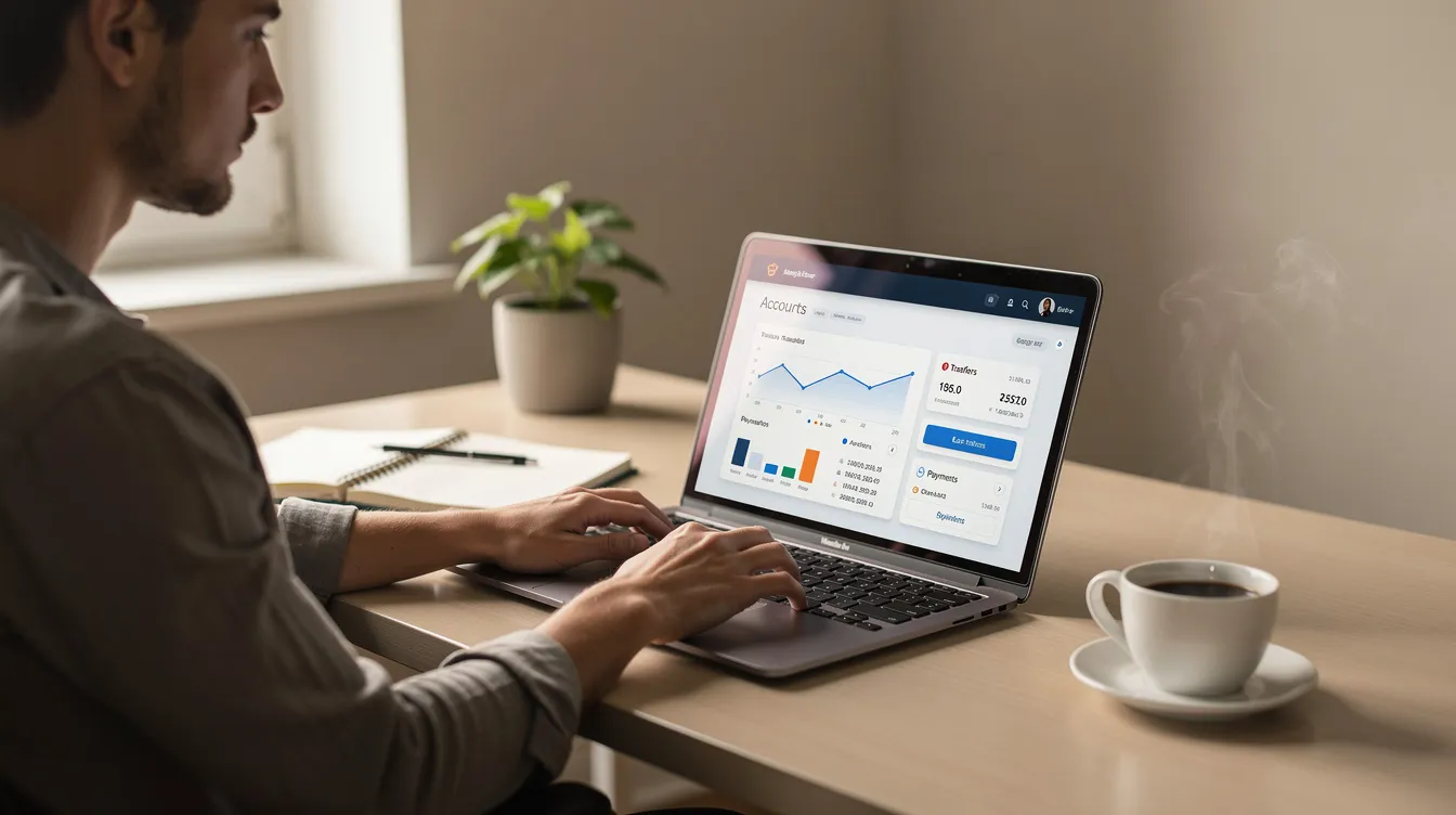 A person is sitting at a desk, focused on their laptop while working on online banking, with a coffee cup placed nearby. This scene illustrates the convenience of managing finances, such as sending money abroad or accessing RBL Bank's internet banking services.