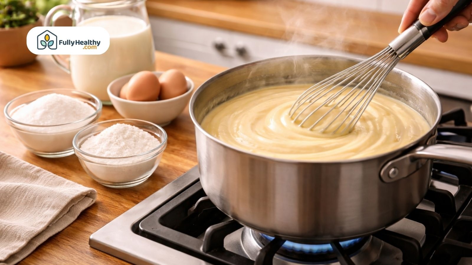 Cooking vanilla pudding in saucepan with whisk on stove