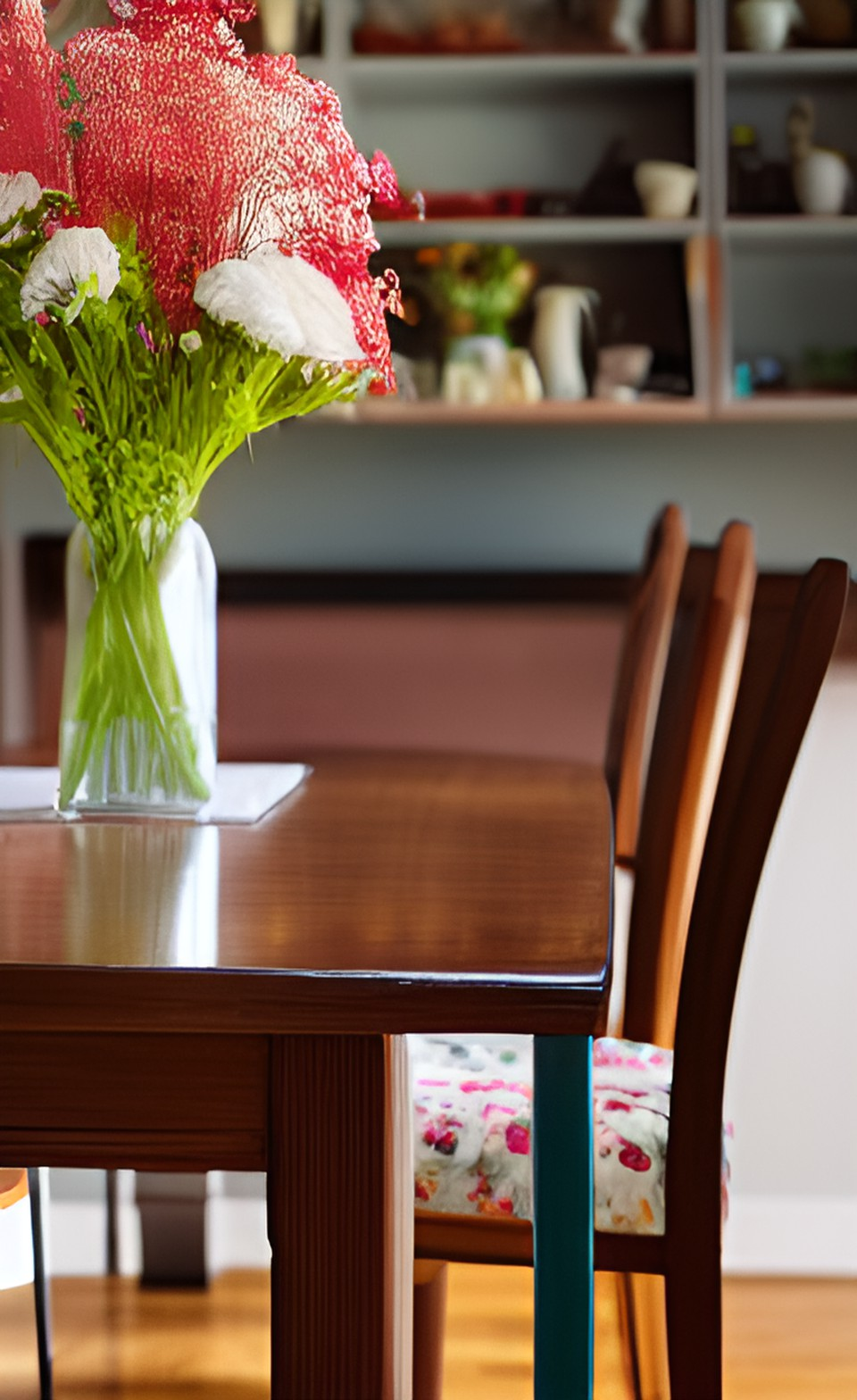 Dining room table with a vase of flowers.