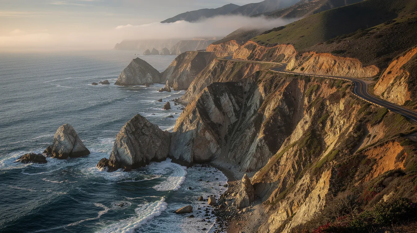 The image captures the dramatic Big Sur coastline, where steep cliffs rise sharply from the Pacific Ocean, creating a breathtaking view of nature's beauty. This stunning landscape is perfect for a road trip, offering plenty of opportunities to explore favorite places along the route and discover the best stops.