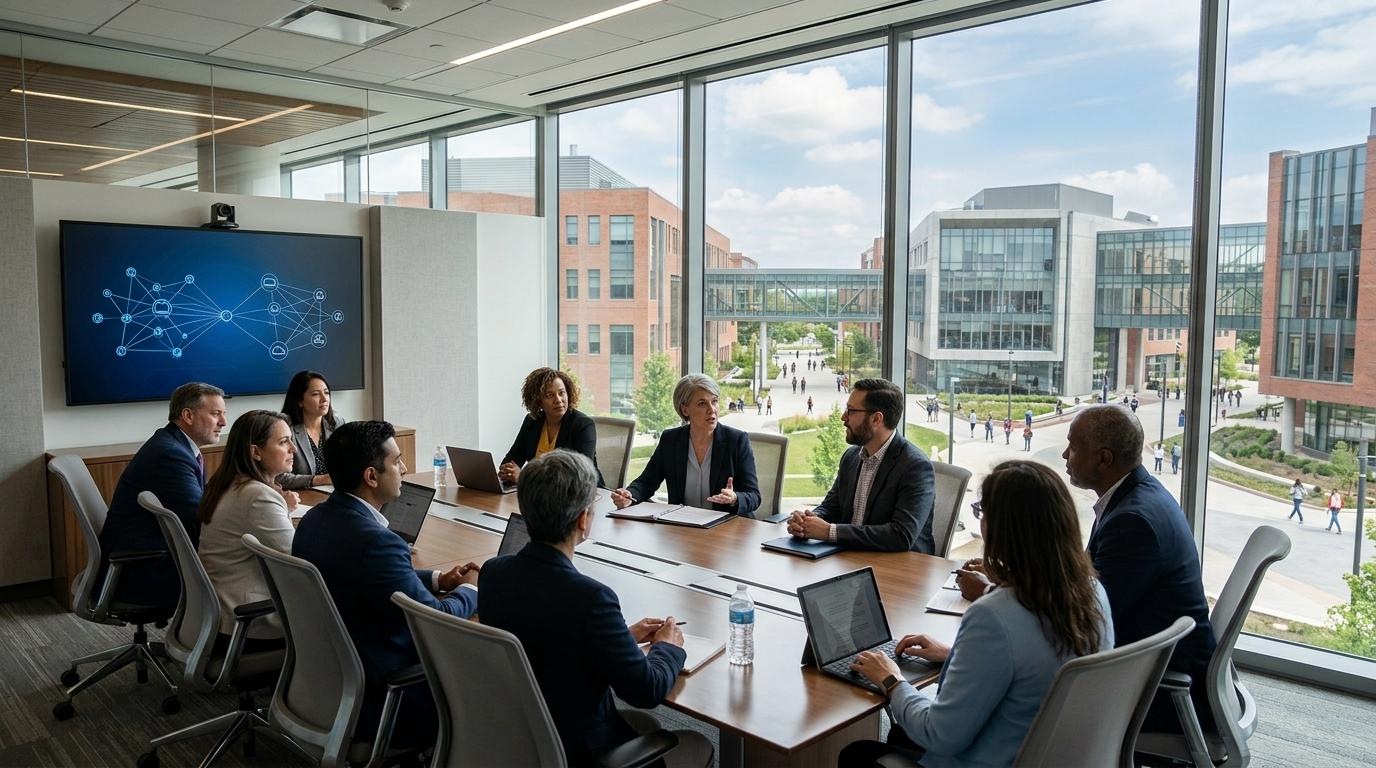 Modern university leadership meeting with faculty discussing institution-wide digital education initiatives, surrounded by interconnected academic buildings and secure cloud infrastructure, symbolizing long-term investment and scalable deployment.