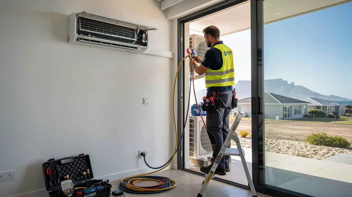 An aircon regas technician is diligently servicing a split air conditioning system in West Beach, Cape Town, using a regas machine to ensure optimal performance. The technician is focused on the regas procedure, which involves removing existing gas and checking for any visible leaks.