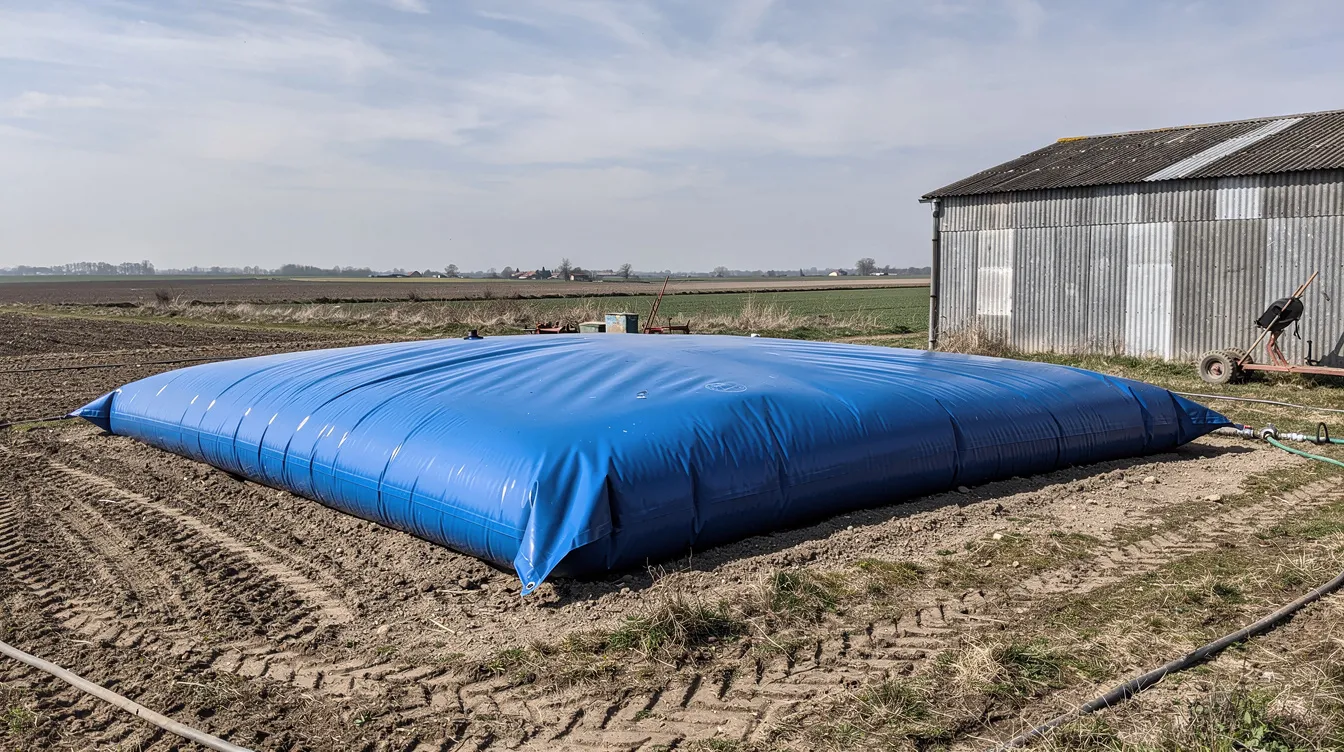 Une grande citerne souple bleue est installée sur un terrain agricole, à proximité d'un hangar en tôle, servant de réserve d'eau pour la défense extérieure contre l'incendie. Cette installation répond aux besoins de sécurité et de conformité réglementaire pour les exploitations agricoles.