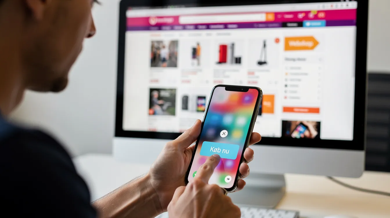 Billedet viser en person, der klikker på en knap på en smartphone, mens en webshop er synlig i baggrunden. Den digitale fortrydelsesknap er tydeligt markeret, hvilket indikerer muligheden for at udøve sin fortrydelsesret.