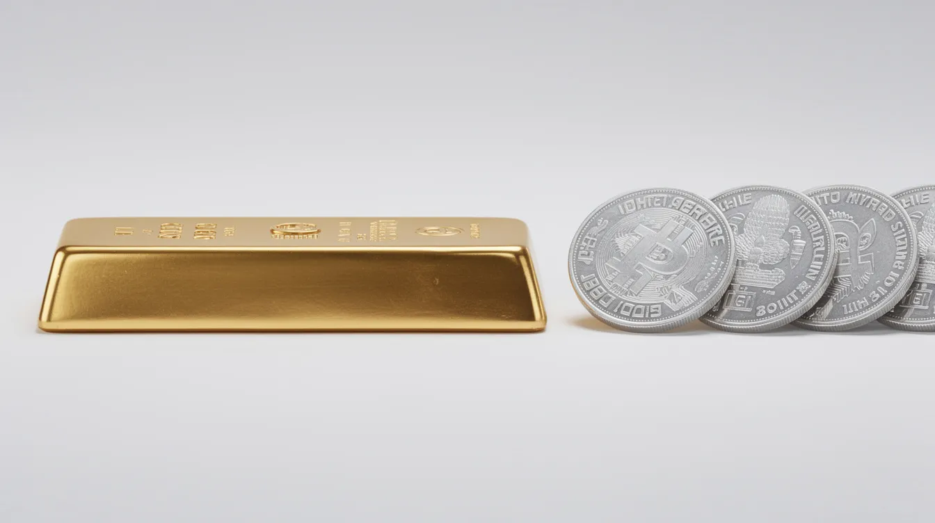 A gold bar positioned beside a row of silver bullion coins