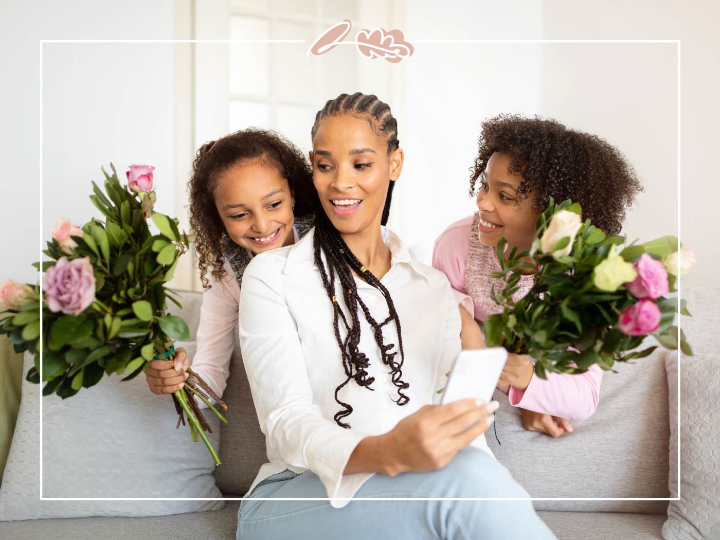 Mum with two children offering her flowers, celebrating Mother’s Day.