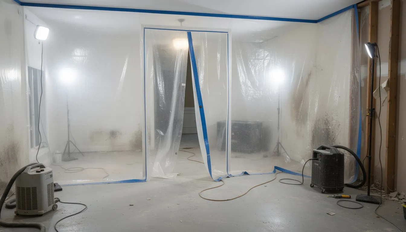 The image shows plastic containment barriers installed in a room to facilitate mold remediation work, ensuring safety while addressing mold growth and improving indoor air quality. This setup is crucial for preventing mold spores from spreading during the removal process and protects the surrounding areas from further damage.