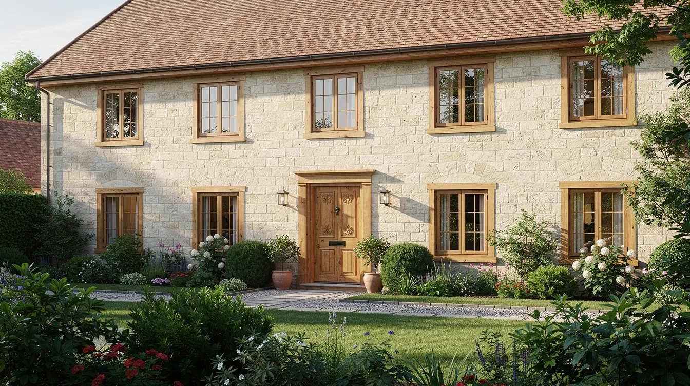 La façade d'une maison traditionnelle à la Chapelle-sur-Erdre, ornée de menuiseries en bois, se dresse devant un jardin verdoyant. Les fenêtres et la porte d'entrée en bois ajoutent une touche artisanale à l'habitat, reflétant le savoir-faire des menuisiers de la région.