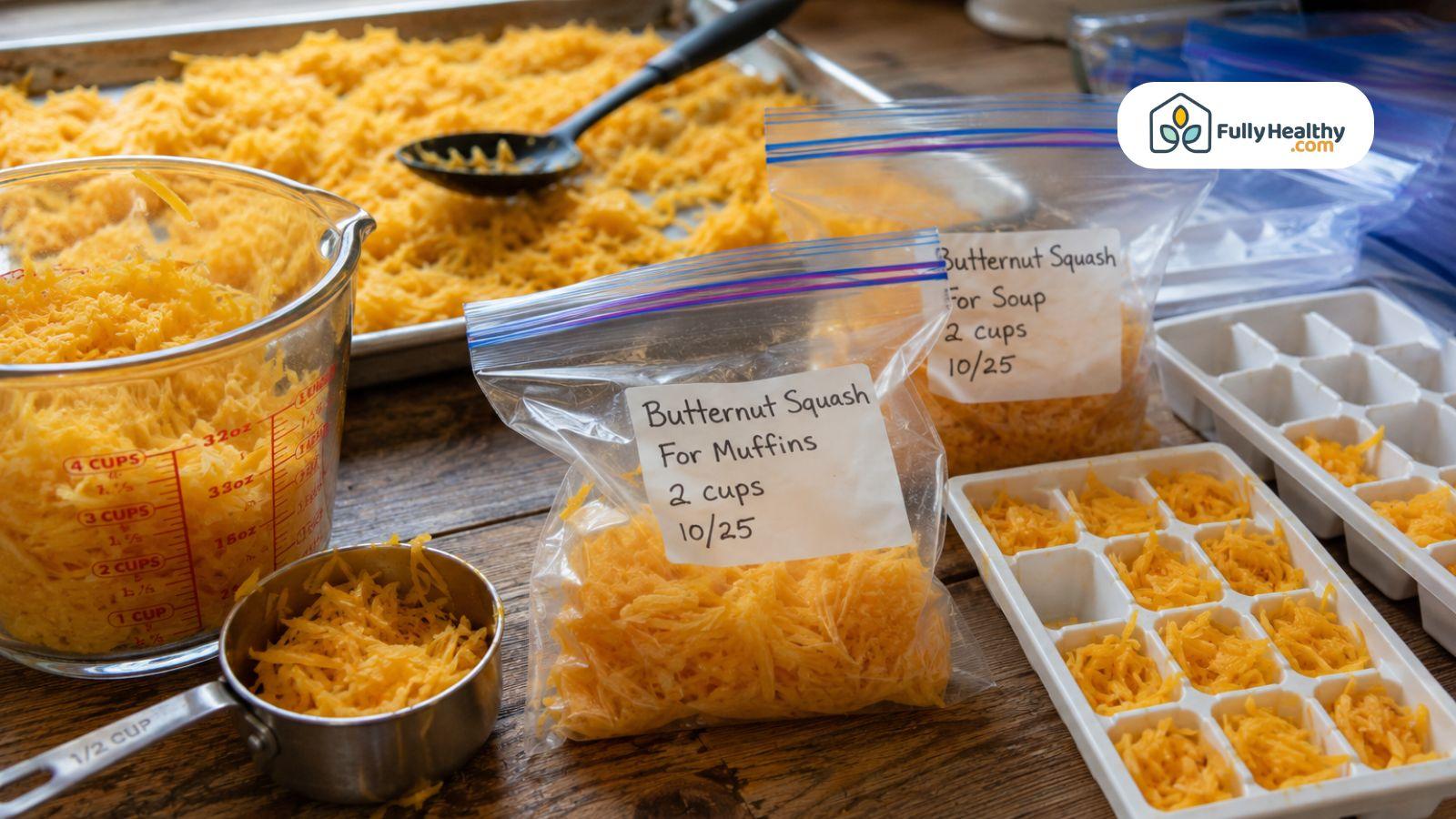 Shredded butternut squash packed into freezer bags beside ice cube trays