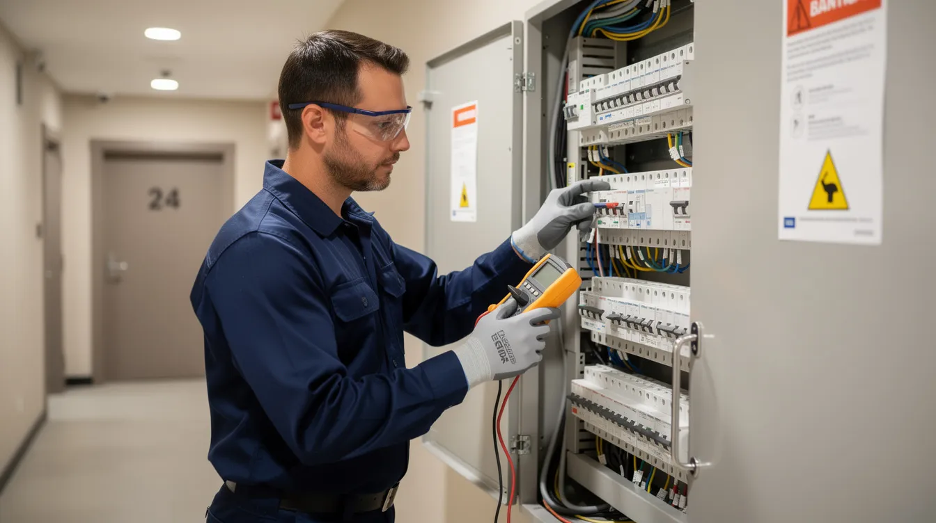 A professional electrician is inspecting an electrical panel inside a multi-unit residential building, focusing on the strata corporation's electrical system to ensure it meets current and future electrical demands. This inspection is crucial for preparing an electrical planning report that will help strata councils understand the existing electrical capacity and support future energy needs.