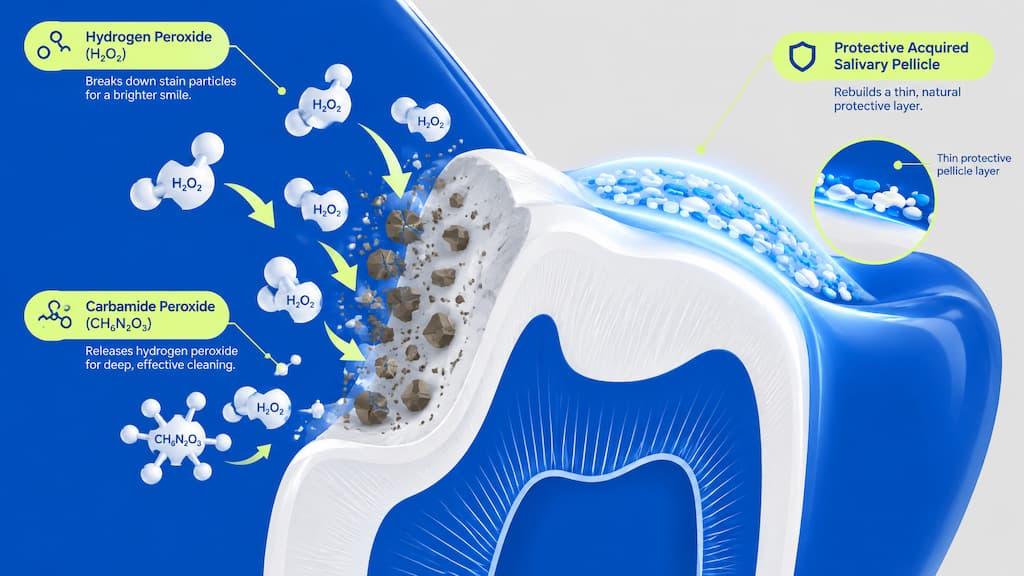 Cutaway tooth illustration showing hydrogen peroxide and carbamide peroxide breaking down stain particles while the protective acquired salivary pellicle rebuilds a thin natural layer