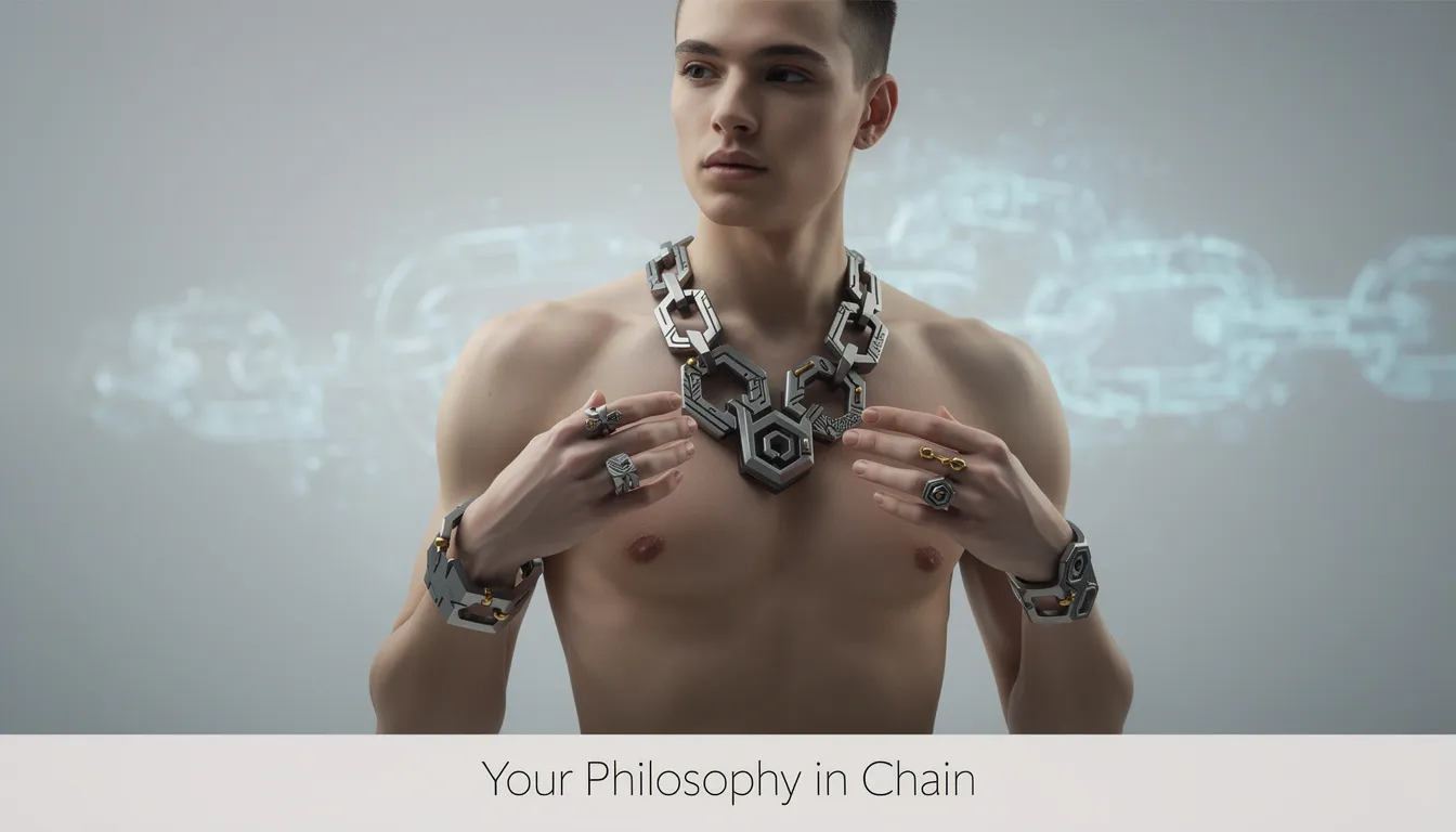 This image showcases a stunning collection of blockchain-themed jewelry, crafted to symbolize personal philosophy and values, with intricate designs that reflect the bitcoin trend. The pieces are displayed elegantly, inviting viewers to purchase and share these unique gifts that represent a secure investment in innovative artistry.