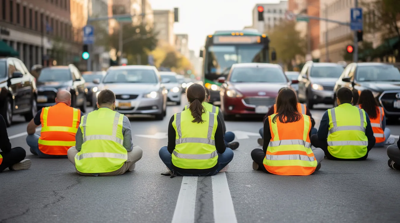 Eine Gruppe von Klimaaktivisten sitzt auf einer asphaltierten Straße in Düsseldorf, trägt Warnwesten und blockiert den Verkehr als Teil einer Protestaktion gegen den Klimawandel. Die Szene zeigt die Entschlossenheit der letzten Generation, auf die Klimakrise aufmerksam zu machen und ihre Lebensgrundlagen zu schützen.