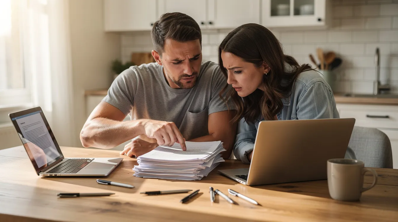 The image depicts a couple seated at a kitchen table, intently reviewing legal documents while a laptop is open in front of them, likely discussing matters related to estate planning and community property under Texas law. They appear focused on understanding how assets acquired during their marriage may be affected by the probate process and the rights of a surviving spouse.