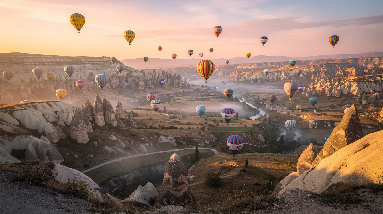 Vista panorámica de globos aerostáticos flotando sobre los valles rocosos de Capadocia al amanecer, con el cielo teñido de tonos cálidos y el paisaje único de formaciones rocosas. Esta escena mágica es un atractivo popular para los viajeros que llegan a Capadocia desde Estambul.