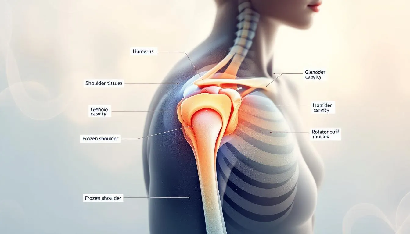 An illustration showing the shoulder joint and its anatomy related to frozen shoulder.