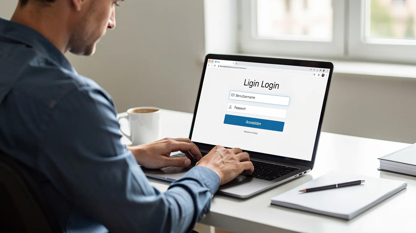 Eine Person sitzt an einem Schreibtisch und tippt ihre Zugangsdaten in ein Anmeldeformular auf einem Laptop ein, um sich bei der Plattform Vimcar anzumelden. Der Bildschirm zeigt ein Eingabefeld für den Anmeldenamen und die E-Mail-Adresse.