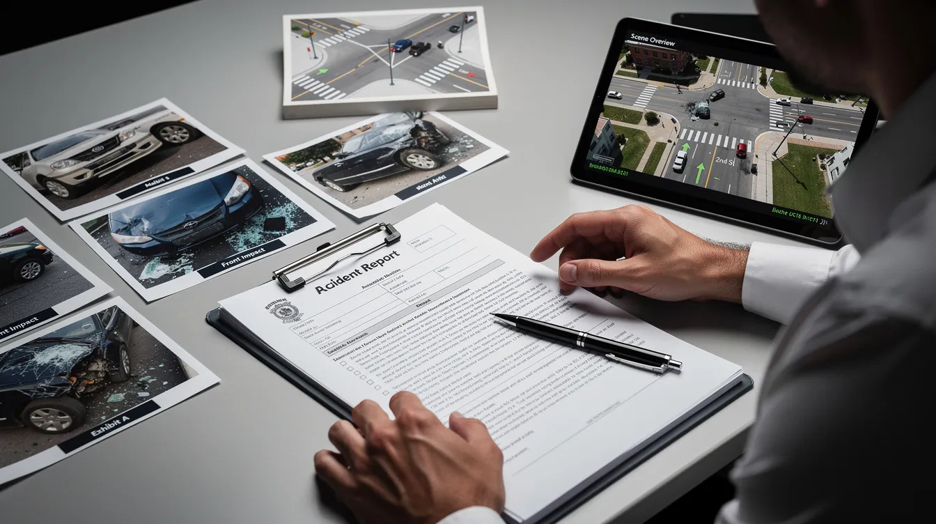The image depicts a detailed legal investigation workspace focused on car accident evidence, showcasing accident report documents, printed photos of vehicle damage, and a police report. An investigator's hands are seen organizing the evidence on a modern desk illuminated by soft directional lighting, emphasizing the meticulous nature of personal injury law and the legal process involved in representing car accident victims.