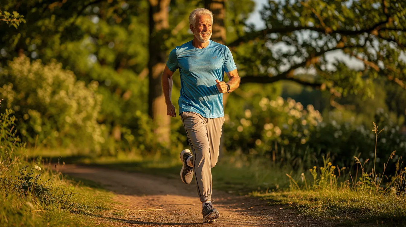 The image depicts an energetic older adult exercising outdoors in a natural setting, showcasing healthy aging and an active lifestyle. This scene emphasizes the importance of physical performance and cellular health in supporting longevity and overall well-being.