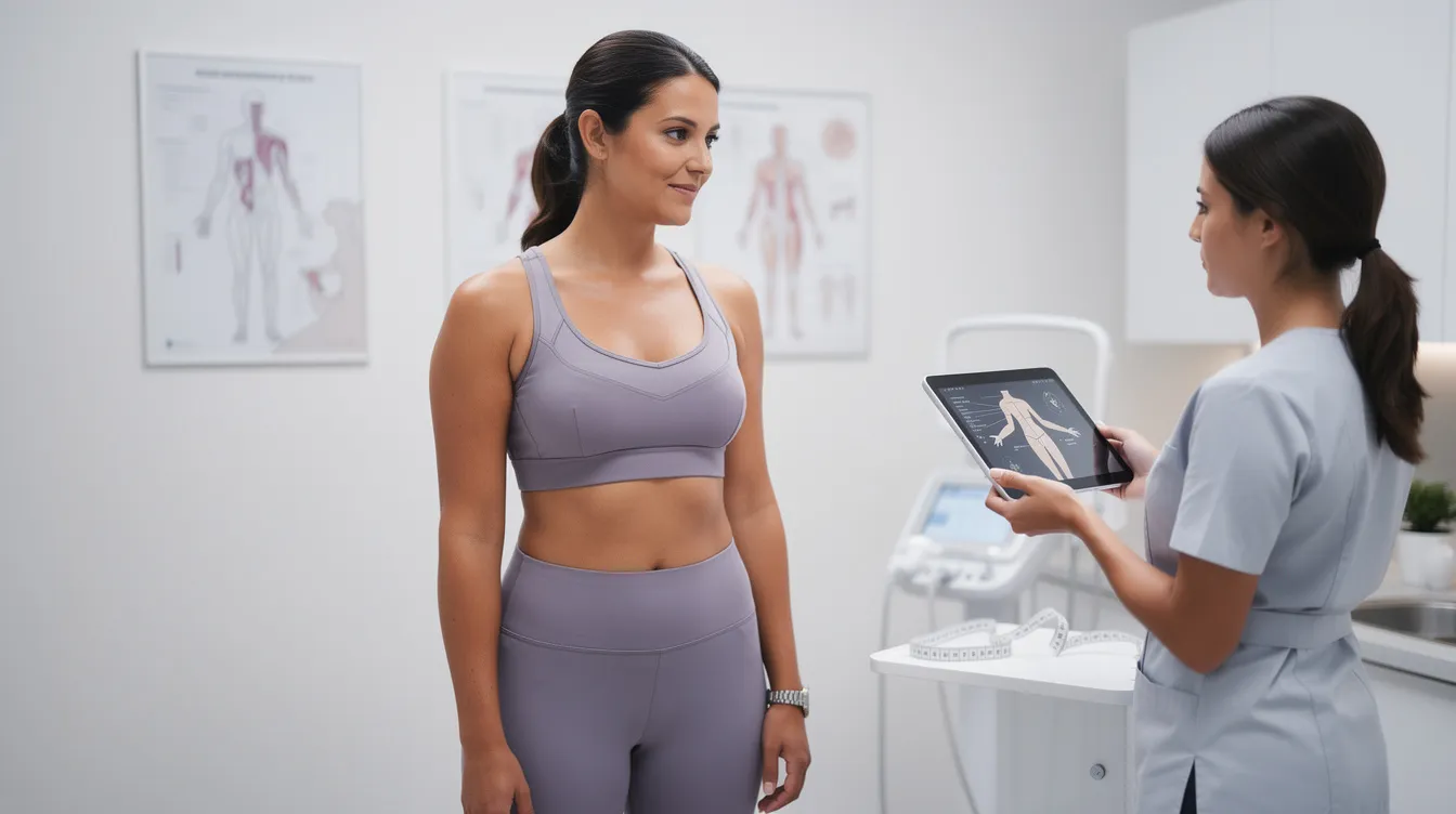 A person in activewear is engaged in a body contouring consultation, discussing options for a non-surgical butt lift that aims to stimulate collagen production and address skin laxity. The setting suggests a focus on achieving natural-looking results through advanced injectable treatments and personalized plans.