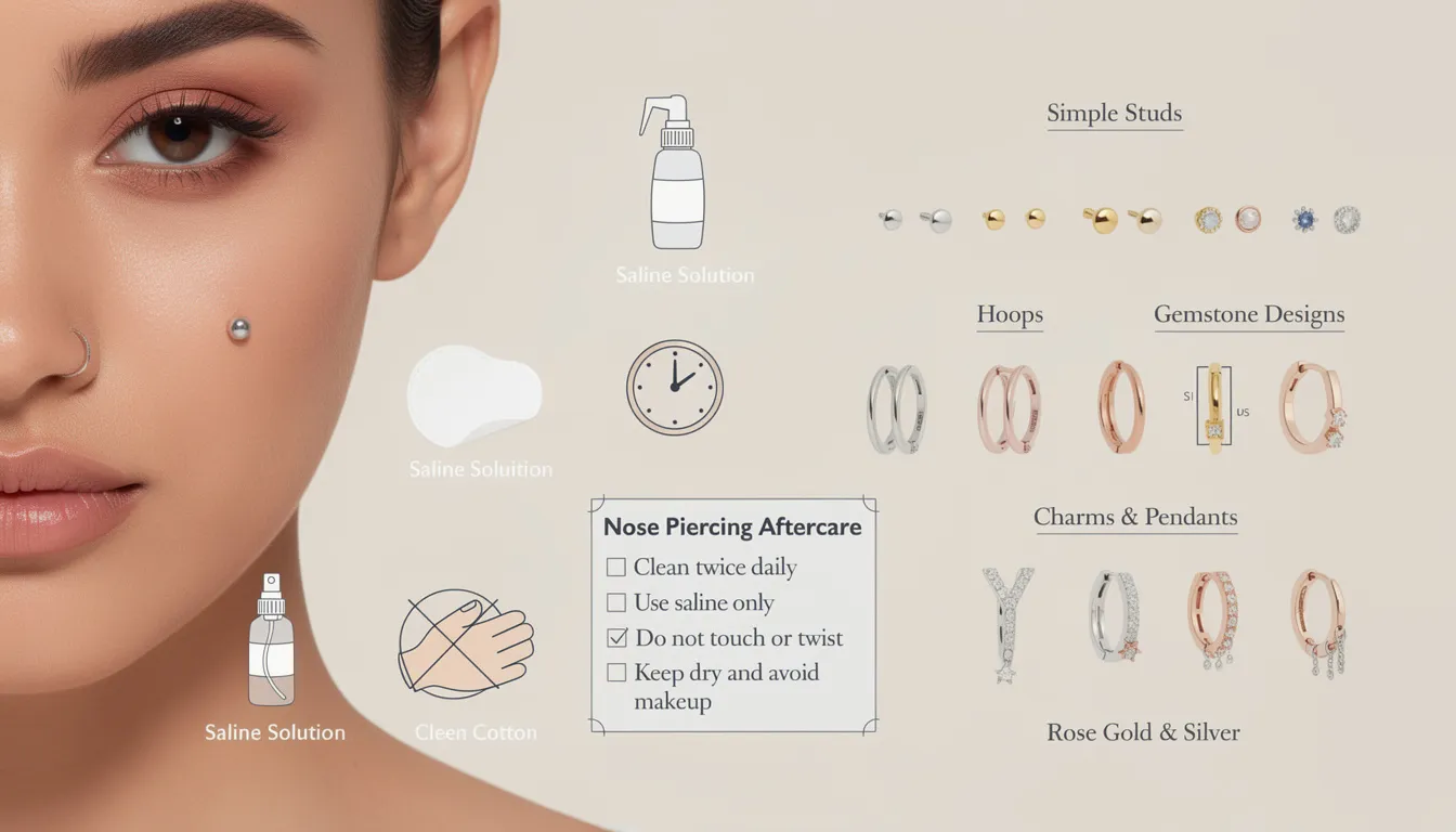 The image showcases a variety of nose jewellery, including simple nose studs and elegant nose hoops, crafted from materials like sterling silver and rose gold. It emphasizes the importance of proper aftercare for nose piercings to ensure a smooth healing process while highlighting the trendy designs available for everyday wear.