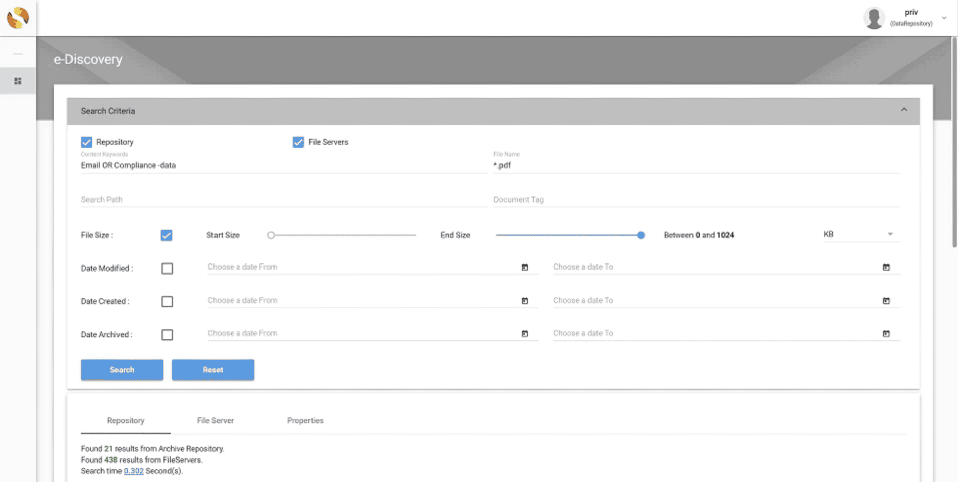 واجهة بحث eDiscovery في ShareArchiver للملفات المؤرشفة للمؤسسات