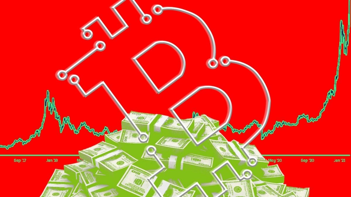 A bitcoin image with dollar notes and a bullish graph, showcasing Bitcoins dominance. 