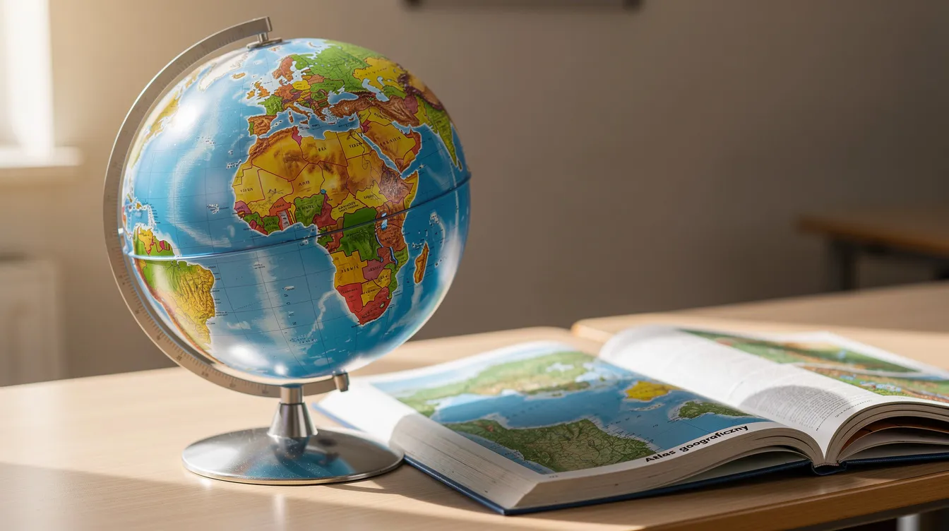 Na biurku znajduje się kolorowy globus szkolny, który przedstawia lądy i oceany na Ziemi, obok leży otwarty atlas geograficzny, w którym można znaleźć informacje o kontynentach, takich jak Afryka i Azja, oraz o zwrotnikach i biegunach.