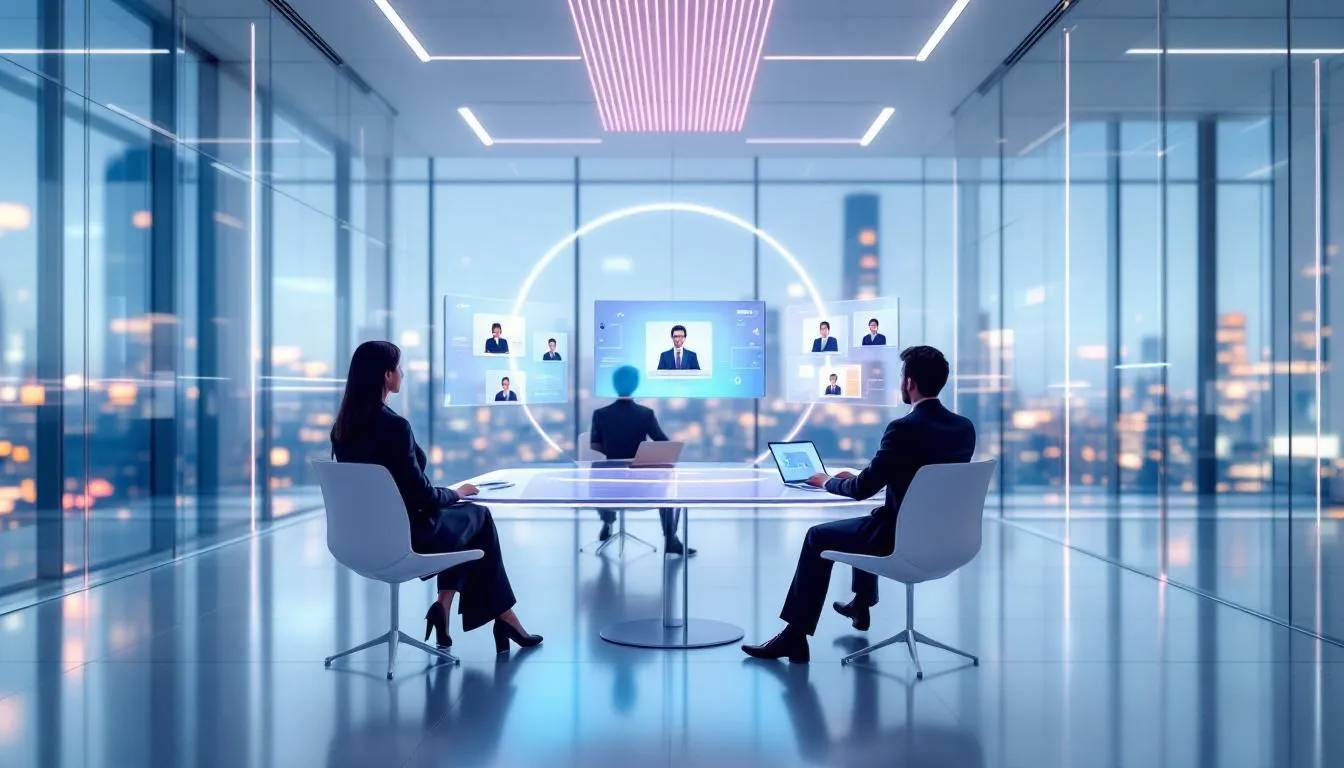 A meeting room setup in a virtual office space.