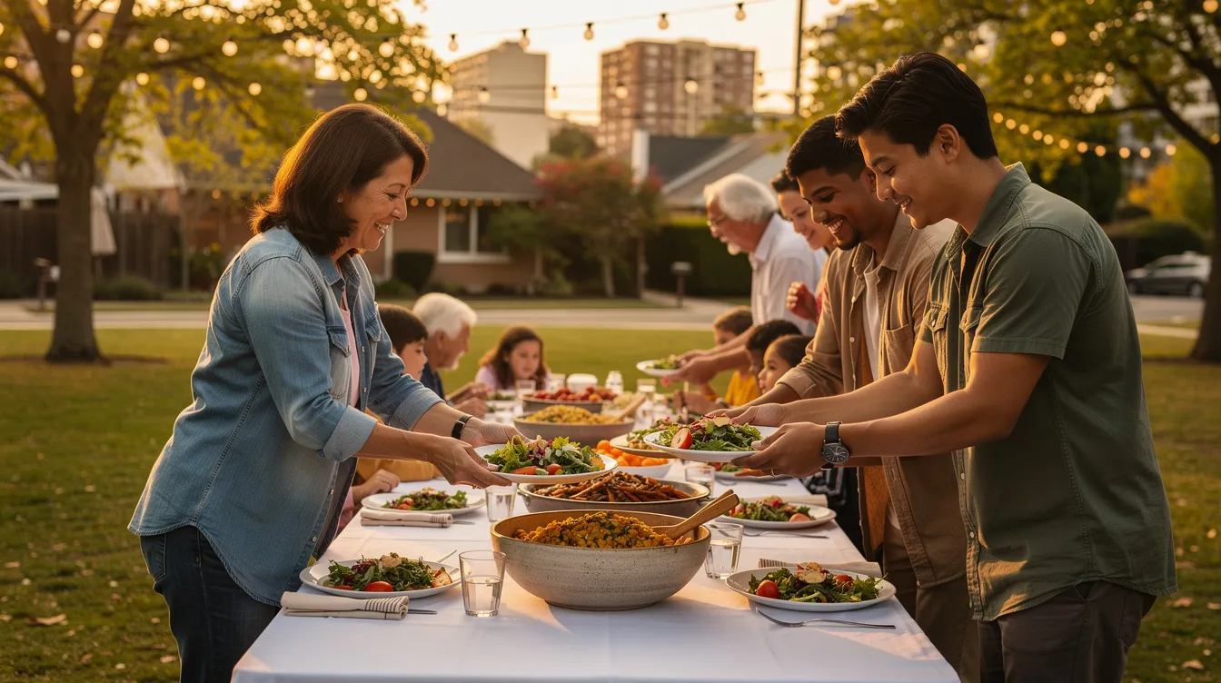 A diverse group of people joyfully serving meals at an outdoor community table, embodying the spirit of a holy nation and demonstrating the love of Jesus Christ as they come together in service. This gathering reflects God's special possession, as they share not only food but also the light of community and fellowship.
