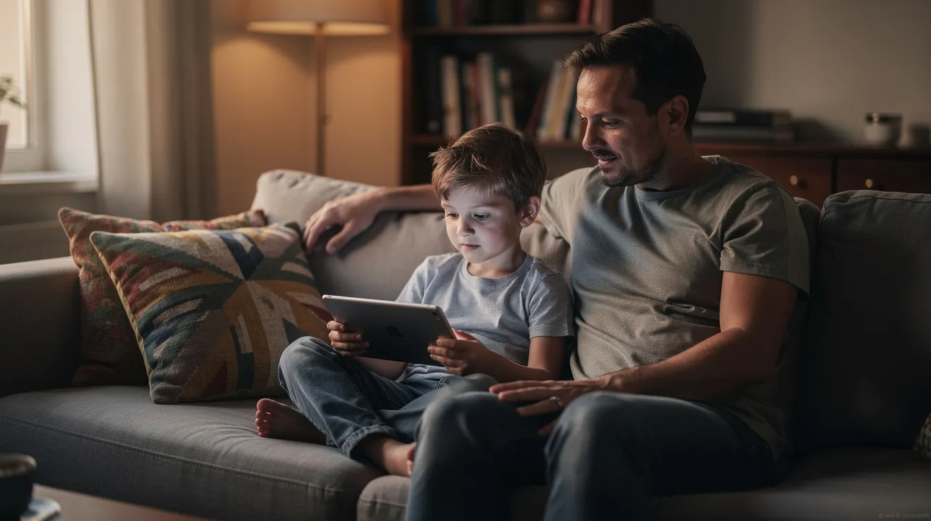 A child sits on a couch using a tablet, engaging with educational content while a parent sits beside them, providing support. This scene highlights the use of technology in children's learning, emphasizing the role of parents and the potential of AI tools to aid in homework and skill development.