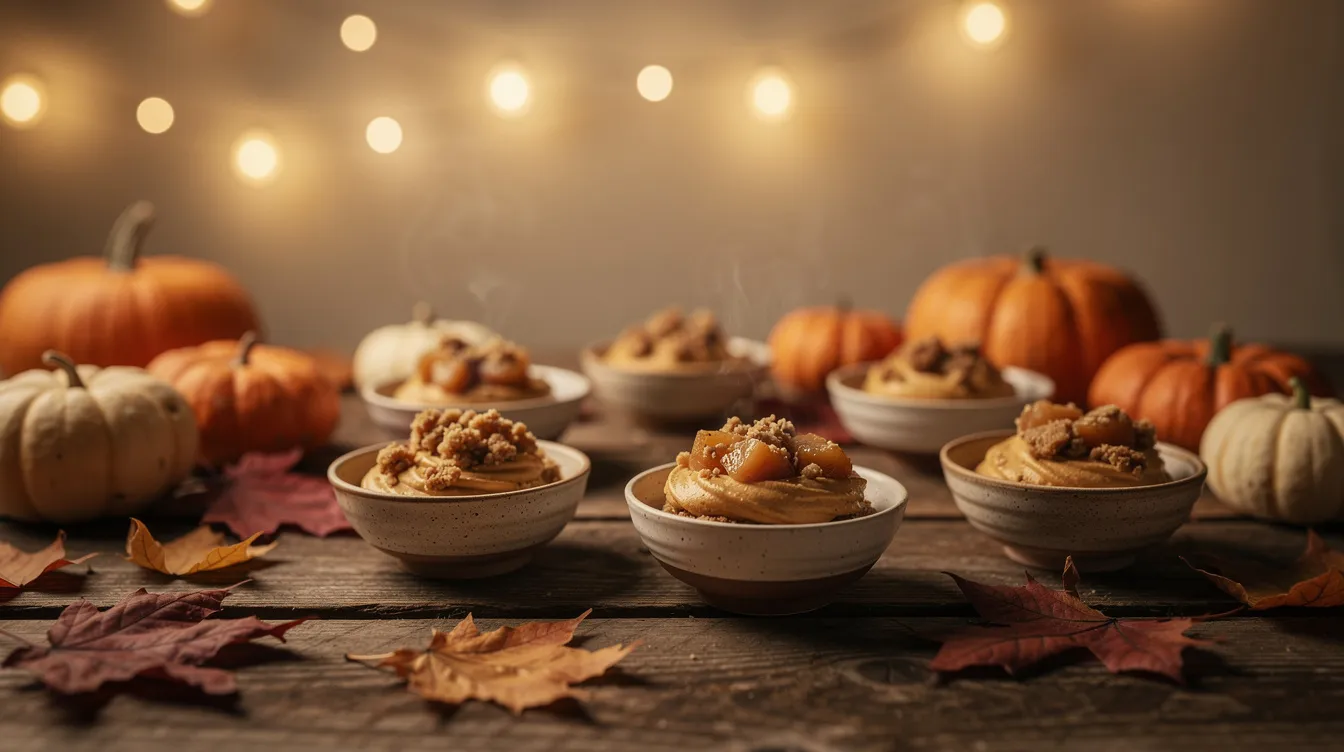 The image depicts a cozy autumn party table adorned with warm string lights, small pumpkins, and an inviting DIY caramel apple bar featuring bowls filled with sliced apples, caramel sauce, and various toppings like chocolate chips and crushed nuts. The rustic wooden surface enhances the festive atmosphere, perfect for enjoying delicious treats during the fall season.