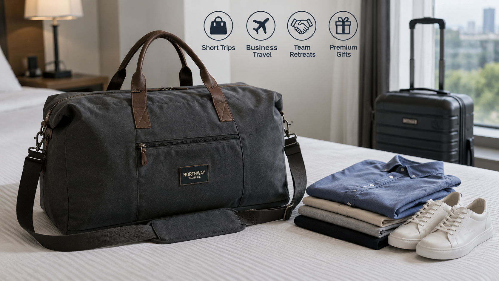 Custom weekender travel bag for short trips, business travel, team retreats, and premium gifts