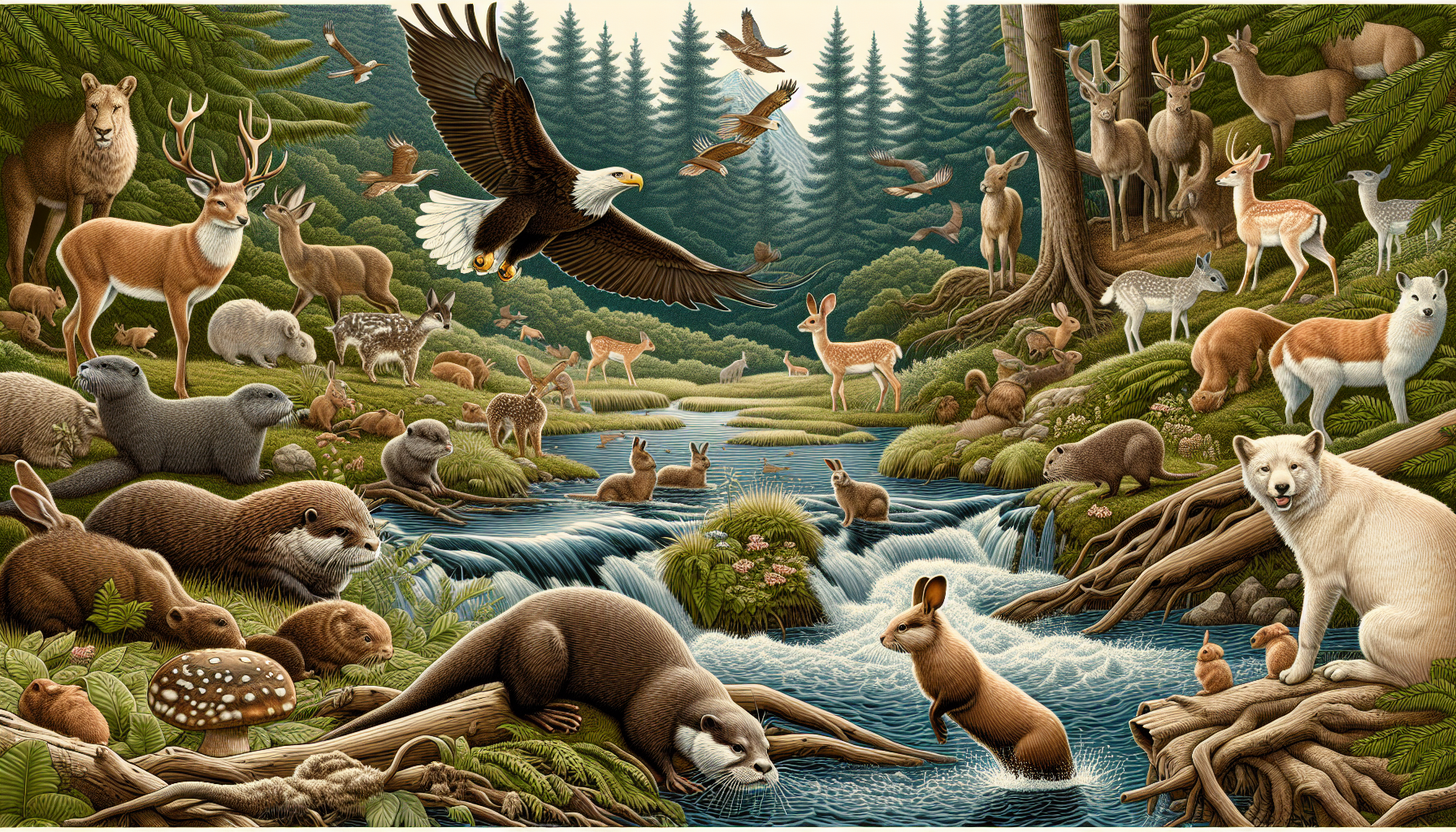 Illustration of a group of animals in a natural setting