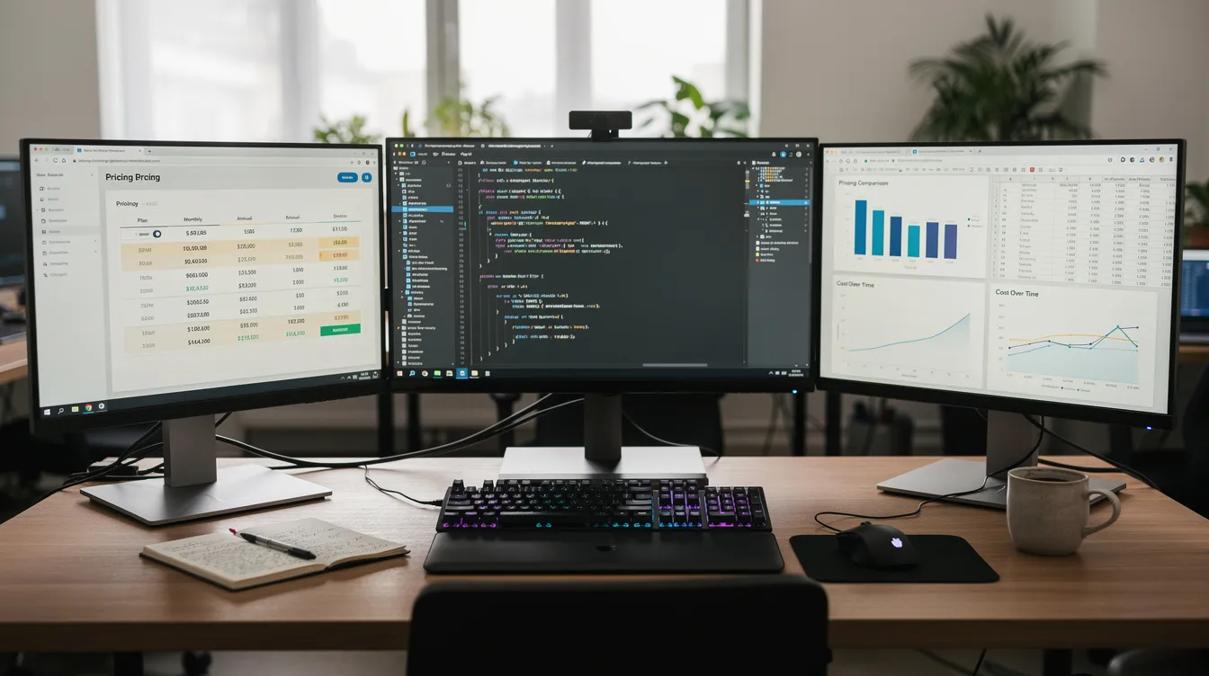 The image depicts a developer workspace featuring multiple monitors displaying code editors alongside spreadsheets comparing various API pricing plans, including information on free plans and premium models. The setup is designed for power users and enterprise teams, showcasing tools for efficient coding and project management.