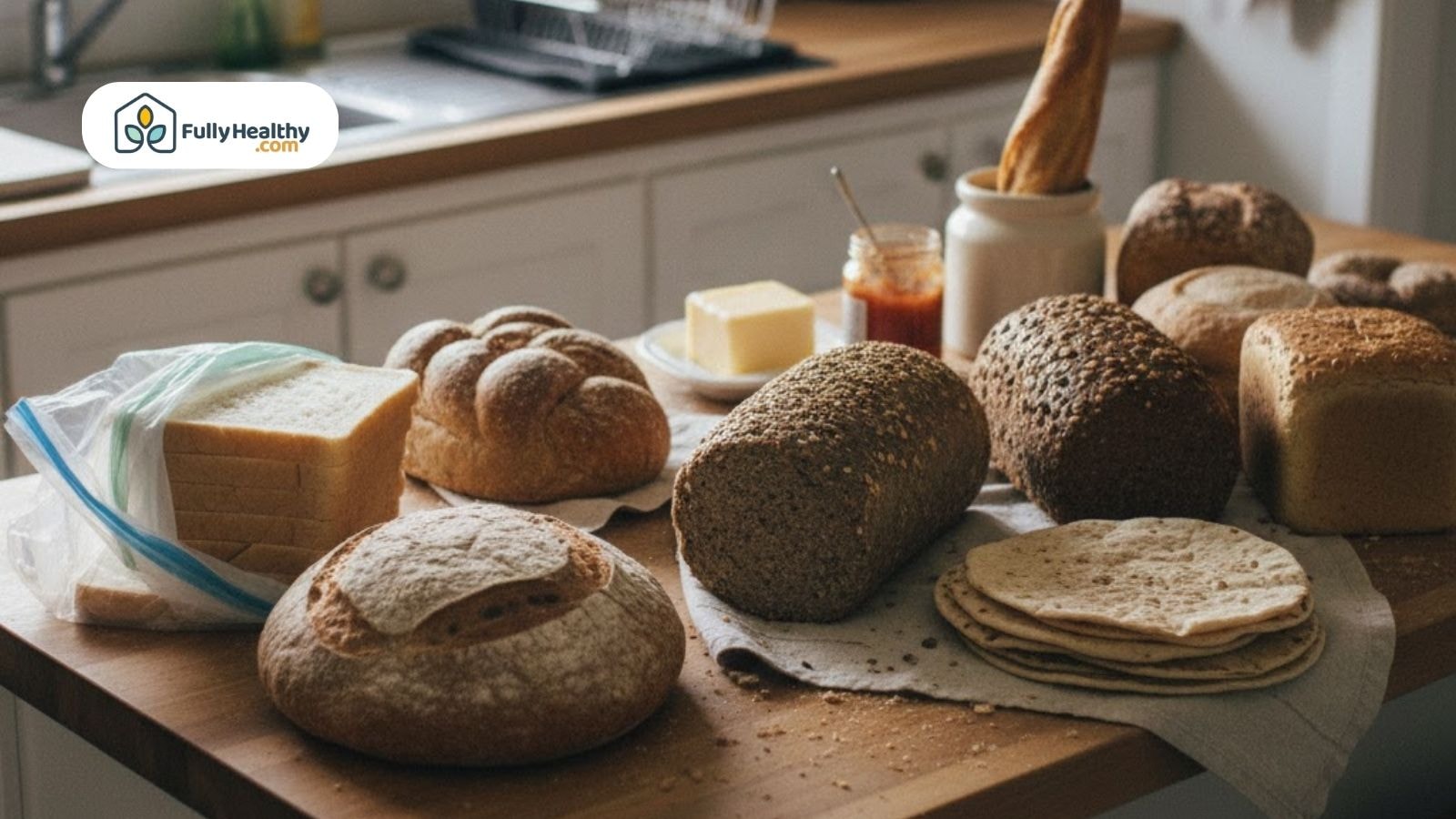 Assorted whole grain and sliced bread arranged on kitchen counter.