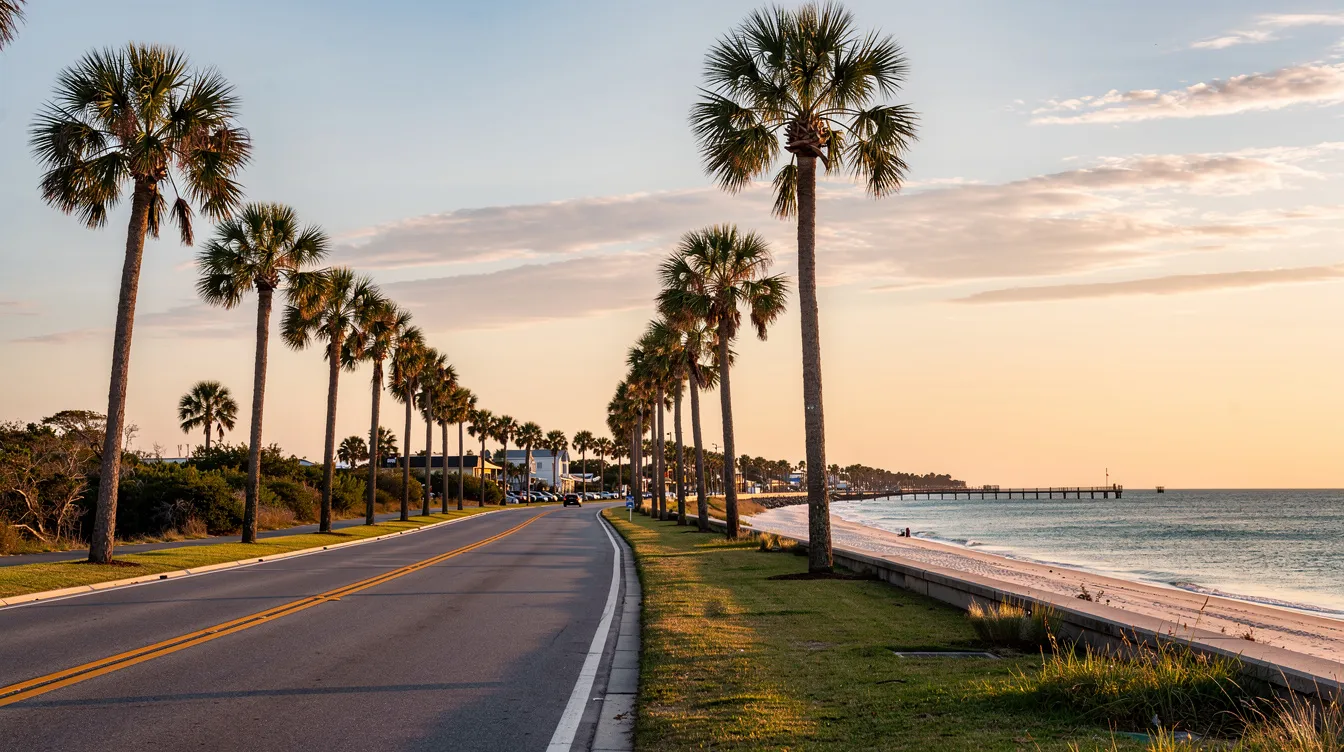 The image depicts a scenic coastal highway along the Mississippi Gulf Coast, lined with tall palm trees swaying gently in the breeze. This picturesque route is ideal for those considering auto transport services in Mississippi, offering a glimpse of the beautiful landscapes encountered during a car shipping journey.